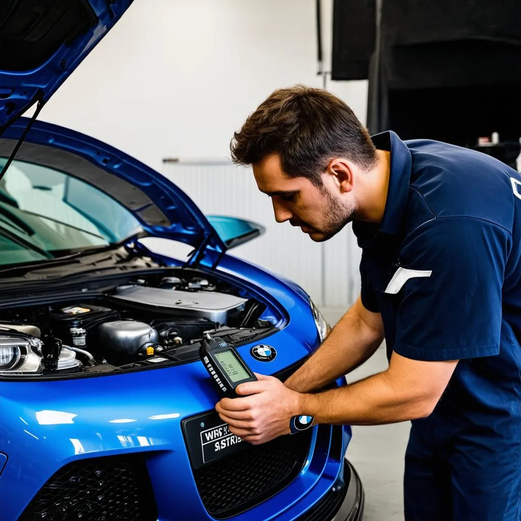 Mechanic using a scan tool on a BMW